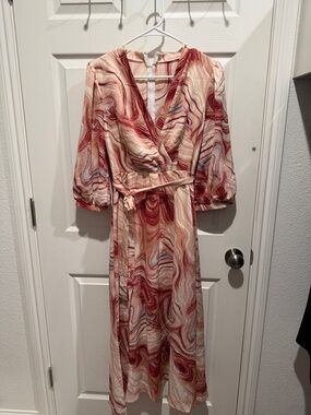 Swirl Print Midi Wrap Dress in Blush and Rose